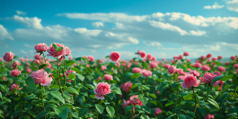 Fototapeta premium A large field of roses with green leaves against a blue cloudy sky, perfect for a screensaver or banner.