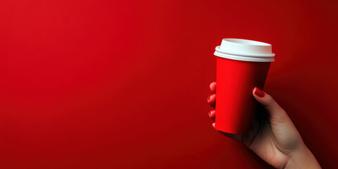 A hand elegantly holds a bright red coffee cup against a vivid red backdrop, creating a striking visual. Perfect for branding, social media, or coffee-related content.