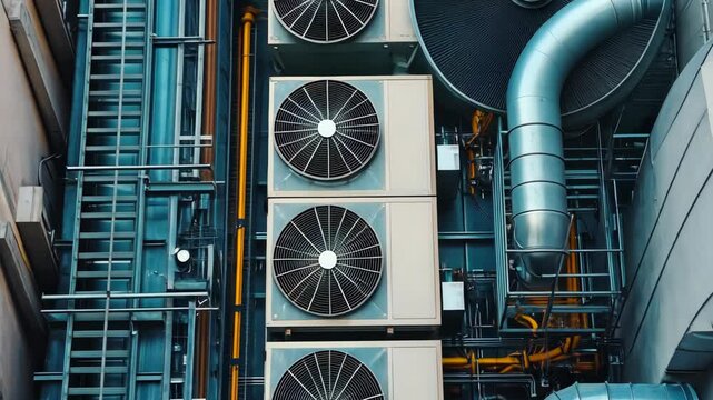 An aerial view of industrial air conditioning units on a building rooftop