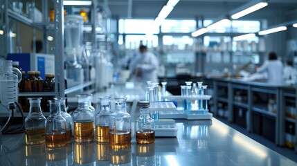 Fototapeta premium Laboratory setup with various glassware and flasks on a shiny surface.