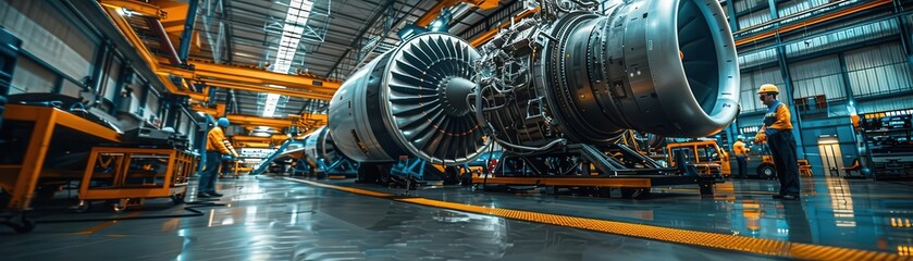 Large jet engine in a modern manufacturing facility with workers.