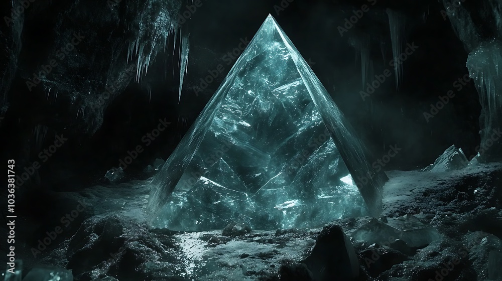 Canvas Prints Glowing Crystal Pyramid in a Dark Cave.