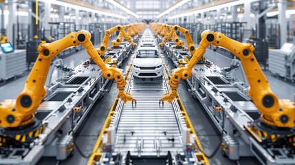 Robotic arms in an automated car manufacturing assembly line.