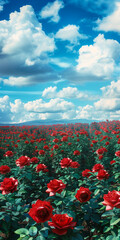 Obraz premium A large field of roses with green leaves against a blue cloudy sky, perfect for a screensaver or banner.