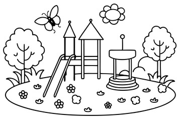 Playground with Slide and Sandbox  Children’s Outdoor Playground in Black and White

