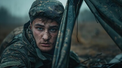 Obraz premium Soldier, focused expression, camouflage uniform, tactical environment, intense moment.