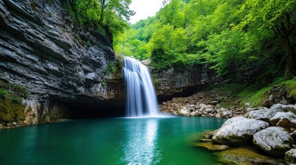 Serene Waterfall Surrounded by Lush Green Forest