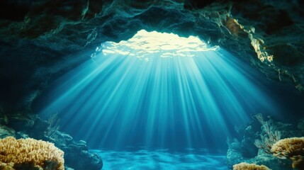 Obraz premium Underwater Cave with Sunlight and Coral Reef