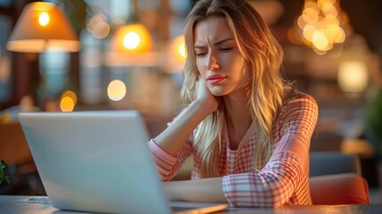 Woman working on laptop in a cozy cafe with a thoughtful expression.