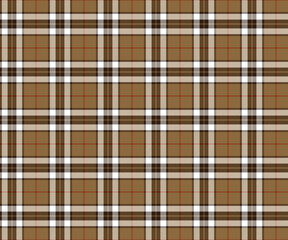 Plaid fabric pattern, brown, black, white, red, seamless modern elegant cross lines for textiles, and for designing everyday clothes, skirts, pants or decorative fabrics. Vector illustration.