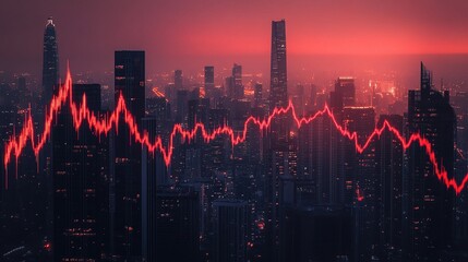 Urban Skyline with Red Graph Effect at Dusk