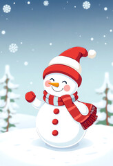 Fototapeta premium cartoon Cute snowman on a snowy winter scene illustration