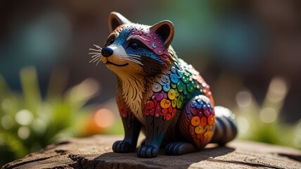 Colorful raccoon figurine sitting on a tree stump with a blurred green background.