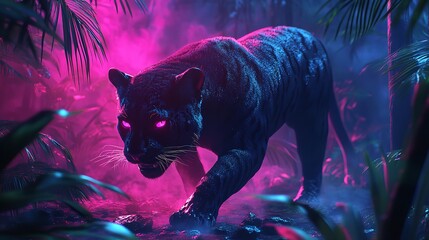3D Fierce Panther Prowling Through a Neon Lit Jungle