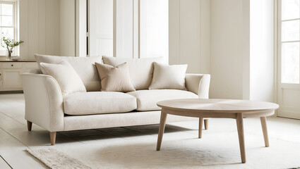 Minimalist living room with beige sofa, round wooden coffee table, and neutral bright decor