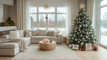 christmas, season, holiday, living room, snow, forest, christmas decoration, christmas tree, fir tree, decoration, ornament, stylish, modern, cool, luxury, night view, sunset, candle, fireplace