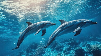 Naklejka premium A group of dolphins swimming in the ocean, showcasing wildlife and natural beauty