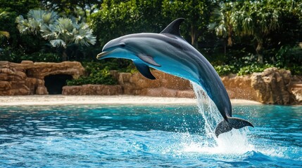 Obraz premium A dolphin jumping out of the water at an ocean park, illustrating marine life and agility