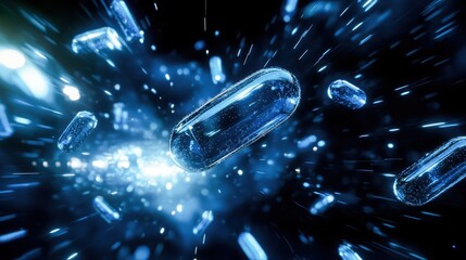 Naklejka premium Dynamic representation of capsules in motion, showcasing vibrant colors and effects against a dark background.