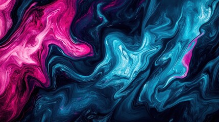 Obraz premium Abstract fluid art with vibrant pink and blue swirls on a dark background, perfect for artistic designs and digital backgrounds.