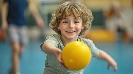 A child playing dodgeball in a gym, highlighting fun and physical activity