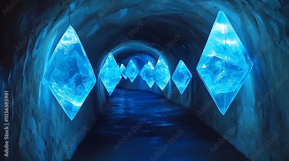 Poster Illuminated Tunnel with Blue Crystal Shapes.