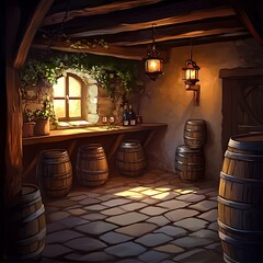 Rustic Wine Cellar with Wooden Barrels and Lanterns.