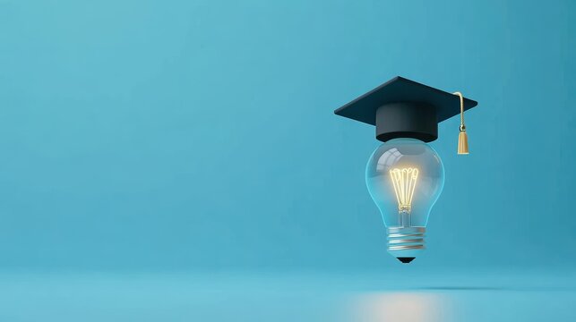 A light bulb wearing a graduation cap against a blue background, symbolizing bright ideas and academic achievement.