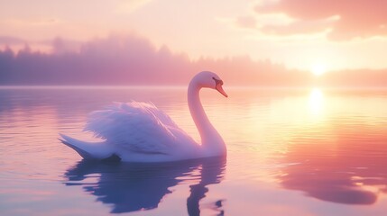 Fototapeta premium Serene 3D Graceful Swan Floating on a Glowing Lake Under a Soft Pastel Sky