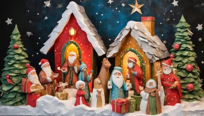 Fototapeta premium Vintage Santa and Christmas trees scene