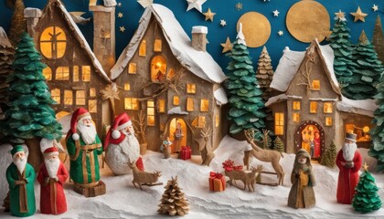 Fototapeta premium Vintage Santa and Christmas trees scene
