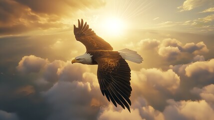 Fototapeta premium Majestic 3D Bald Eagle Soaring Through Dramatic Skies with Vibrant Pastel Colored Clouds