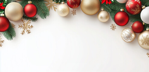 Christmas and New Year holiday background. Xmas greeting card. Christmas gifts on white marble background top view. Flat lay, Christmas and New Year background with fir branches and snowfall on wooden