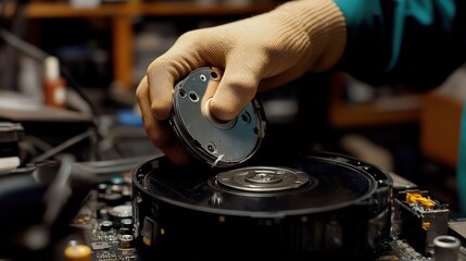 Naklejka premium A technician handling a hard disk drive during computer repairs, showcasing technical skills and data management