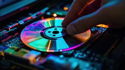 Obraz premium A person inserting a disk into a computer for data backup, highlighting technology and information storage