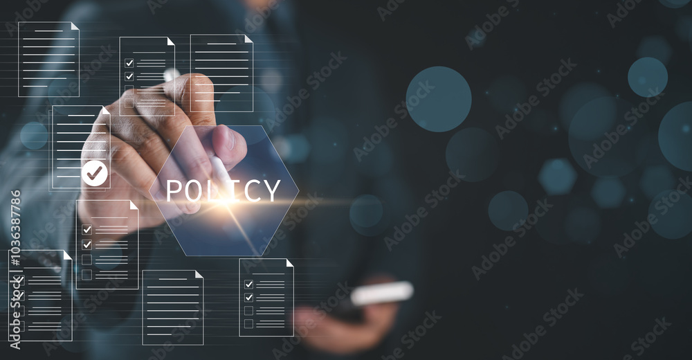 Poster Businessman checking steps through a virtual online document with a list of checkboxes Concepts of practices and policies, company articles of association Terms and Conditions ,quality inspection