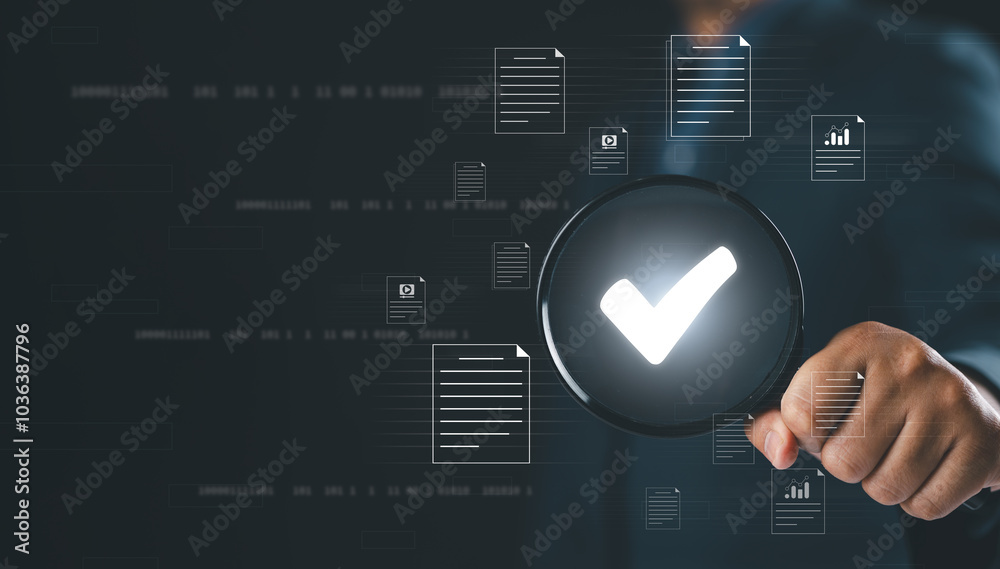 Poster businessman holding a magnifying glass with icons, steps review concept,go through documents with ch