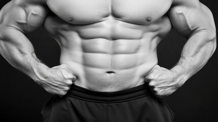 Naklejka premium Powerful male physique showcasing impressive muscle definition and strength in black and white image