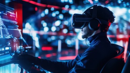 A gamer participating in a VR esports tournament, competing with teammates in a virtual arena with dynamic lighting effects and futuristic architecture, Modern lifestyle scene
