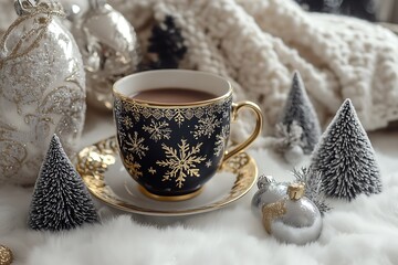 A cup of hot chocolate with white milk and one large, snowflake-shaped cookie on top, with golden stars and Christmas trees in the background