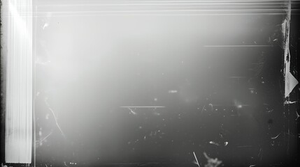 "Vintage black-and-white film negative with heavy grain, scratches, and dust, evoking the classic style of 1950s-1960s film. The faded edges and subtle light leaks enhance the nostalgic feel, with a d