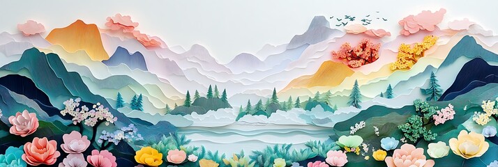Fototapeta premium A vibrant and intricate paper art piece showcasing a peaceful mountain landscape with lush flowers and trees. The artwork captures nature's beauty through its delicate layers and harmonious colors.