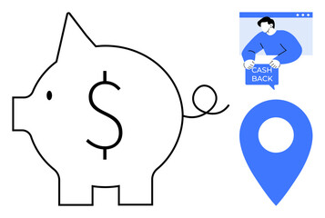 Piggy bank with a dollar sign, a man holding a cashback message, and a blue location marker. Ideal for financial planning, savings, cashback offers, customer rewards, and business location