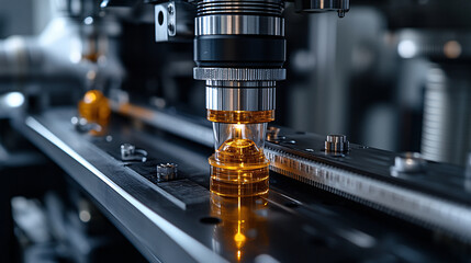 A high-tech machine with an orange glowing laser operates with precision, assembling small parts on a metallic production line