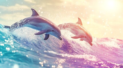 Obraz premium 3D Playful Baby Dolphins Jumping Through Glowing Waves