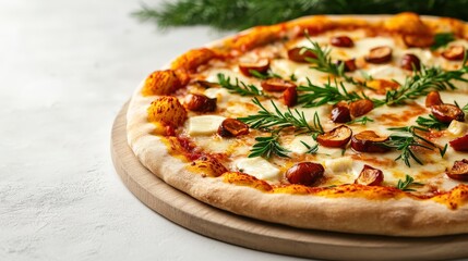 Delicious pizza with herbs on wooden board, appetizing and fresh.