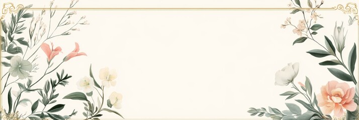 A vintage-style banner with delicate botanical illustrations in muted colors, bordered by an ornate gold frame, ideal for wedding invitations