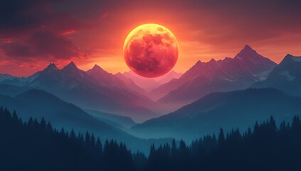 Majestic Red Moon Rising Over Mountain Landscape at Sunset