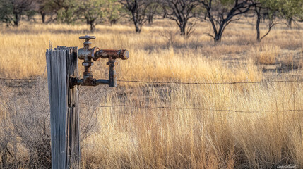 An old faucet in a rural setting, mounted on a wooden post with rusty metal and dried grass nearby. --chaos