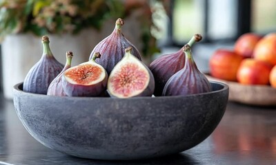 A bowl of fresh figs, some cut open, on a kitchen countertop.